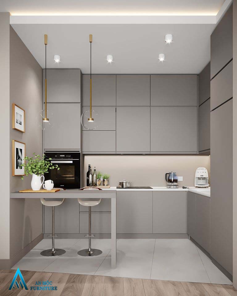 Thiết kế tủ bếp nhỏ gọn, không tốn quá nhiều diện tích nhưng vẫn đầy đủ công năng phù hợp cho mọi căn hộ.