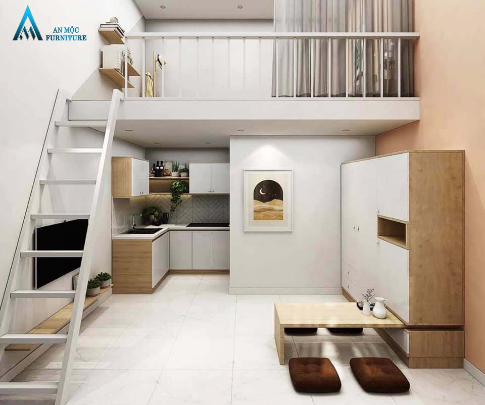 Một căn hộ gác lững được thiết kế vách ngăn chia không gian phòng bếp riêng biệt, nhìn vào cứ tưởng đây là một chung cư rộng bình thường.