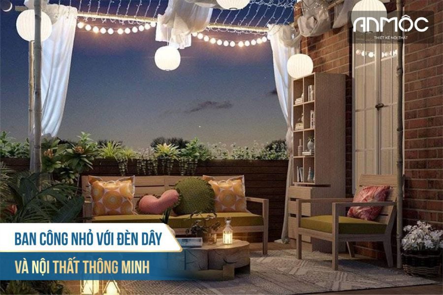 Ban công nhỏ với đèn dây và nội thất thông minh