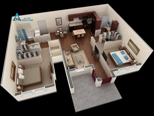 Mẫu thiết kế nội thất chung cư với phòng khách nằm giữa 2 phòng ngủ.
