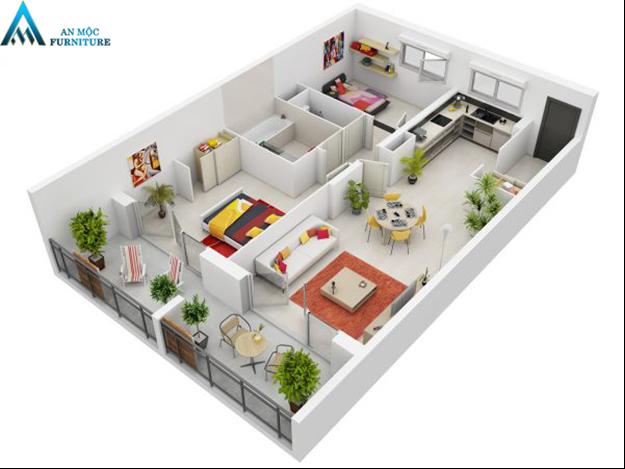 Sử dụng cây xanh trong bố trí nội thất chung cư 2 phòng ngủ tạo không gian mát mẻ hơn.