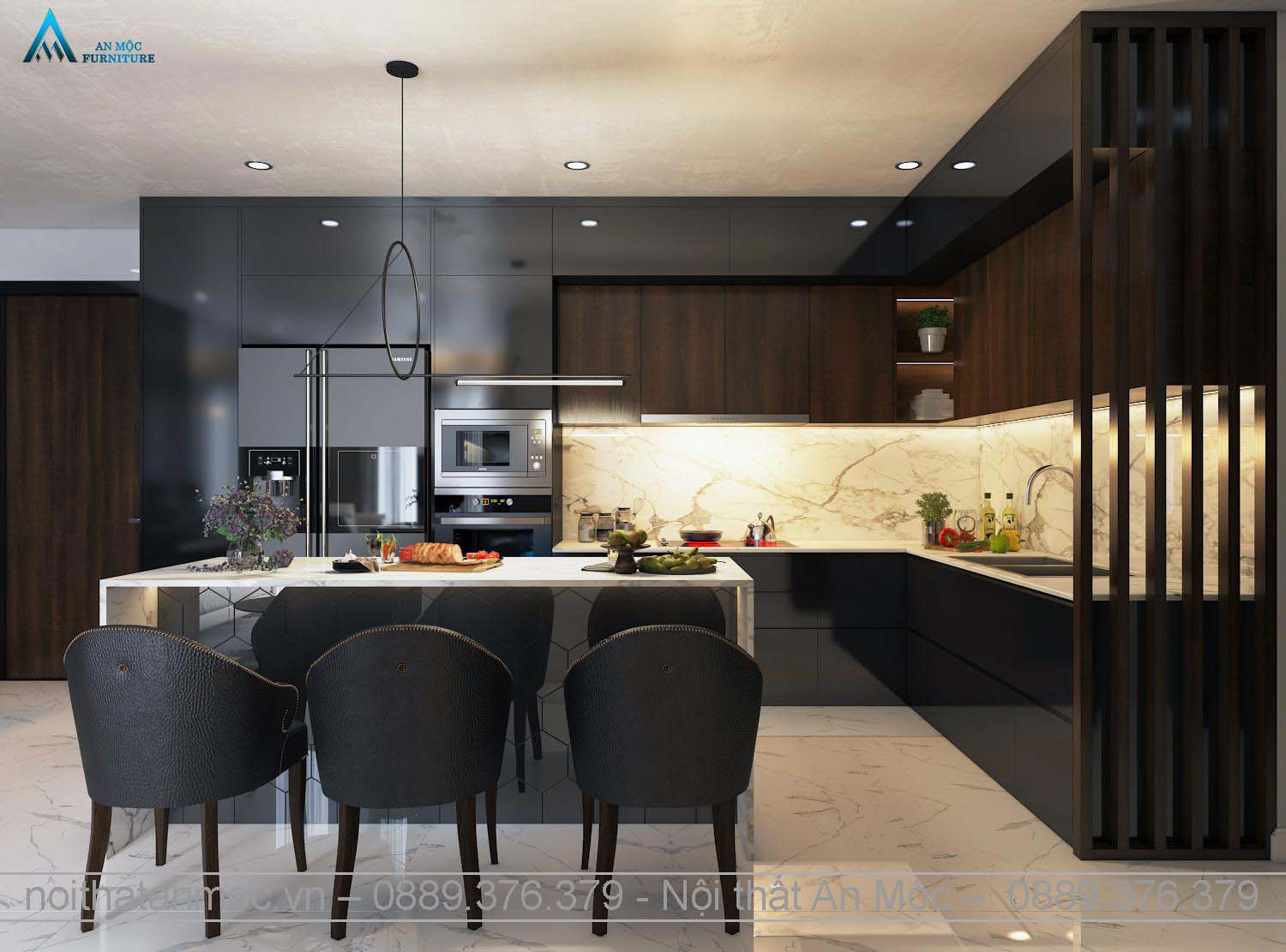 thiết kế phòng bếp với màu chủ đạo là màu tối, và được tô điểm bằng bàn ăn xinh xắn. thiết kế phòng bếp với màu chủ đạo là màu tối, và được tô điểm bằng bàn ăn xinh xắn.