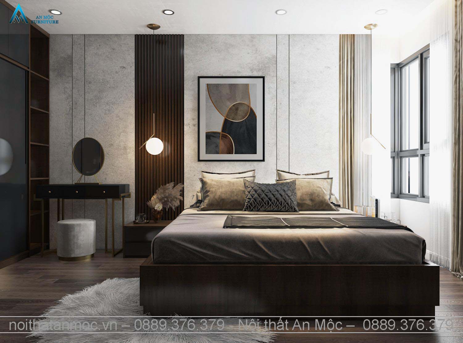 Phòng ngủ master có màu sắc chủ đạo vẫn là màu tối. Phòng ngủ master có màu sắc chủ đạo vẫn là màu tối.