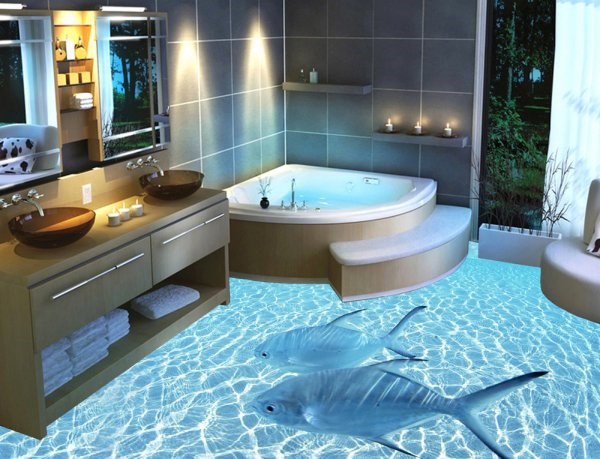 Phòng tắm đẹp kết hợp với sàn nhà 3D mới lạ.