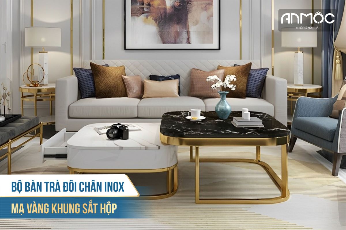 Bộ bàn trà đôi chân inox mạ vàng khung sắt hộp