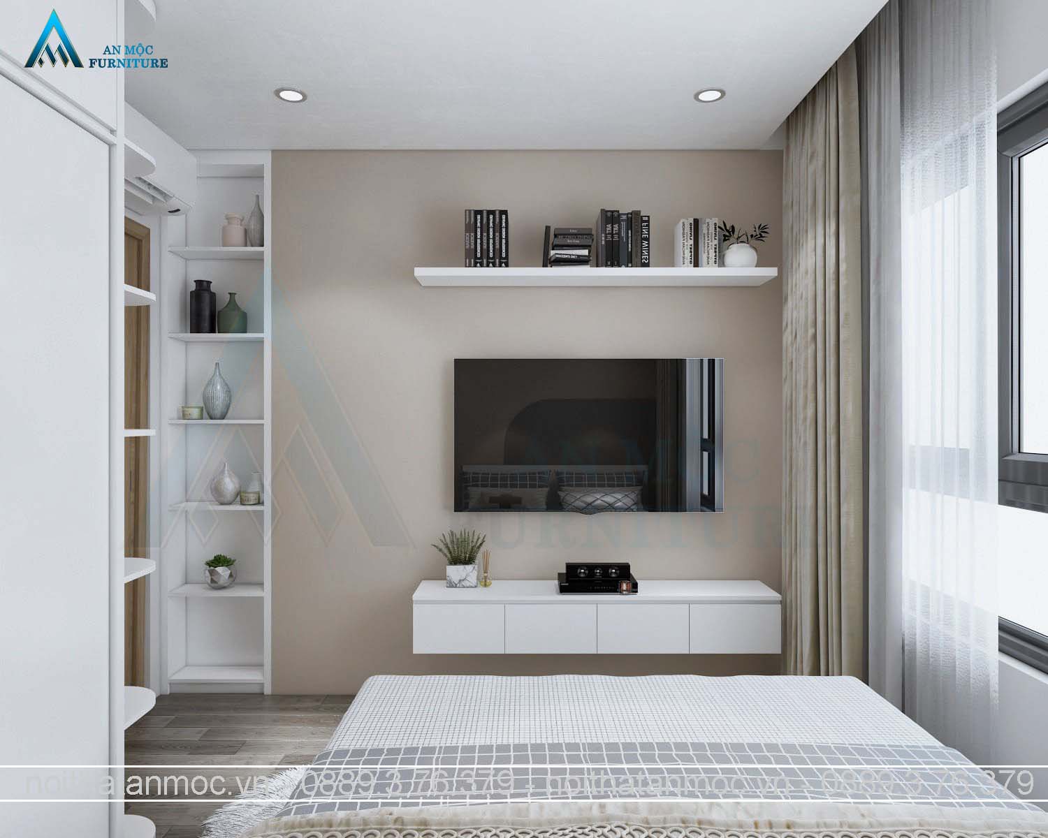 thiết kế nội thất phòng ngủ nhỏ 9m2 tông màu trắng hiện đại
