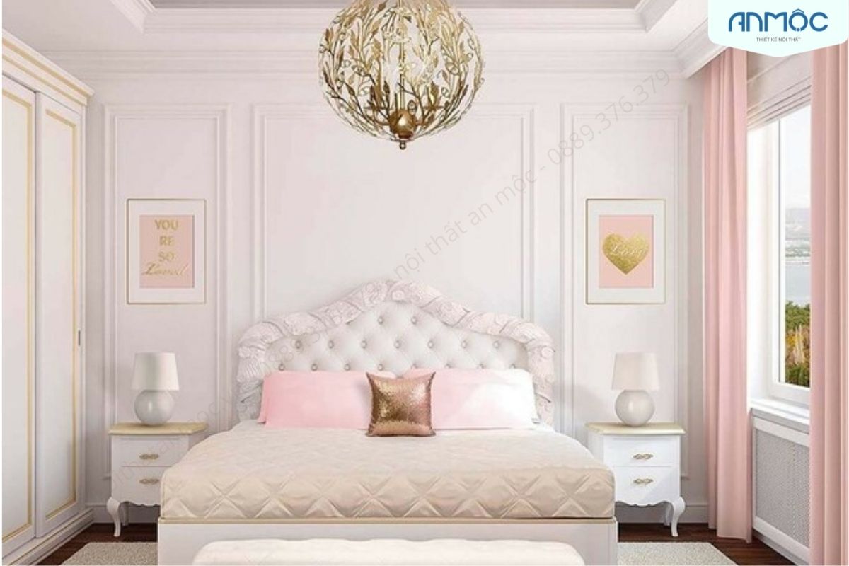 phòng ngủ màu hồng phong cách tân cổ điển