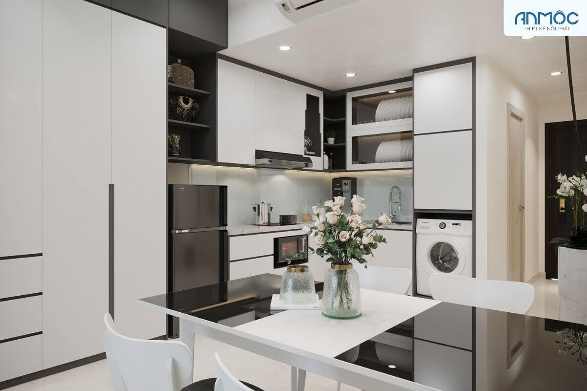 Tủ bếp chữ L thiết kế đơn giản giúp không gian bếp ăn của căn hộ Studio trở nên rất gọn gàng