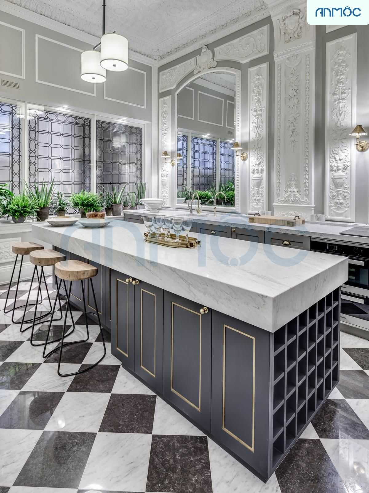 Không gian nội thất bếp được thiết kế phong cách tân cổ điển màu sắc trung tính