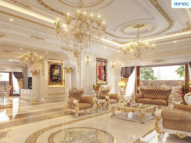 Phòng khách kiểu cổ điển được trang trí kết hợp bộ đèn chùm lấp lánh, cùng bộ sofa cầu kì đậm chất quý tộc