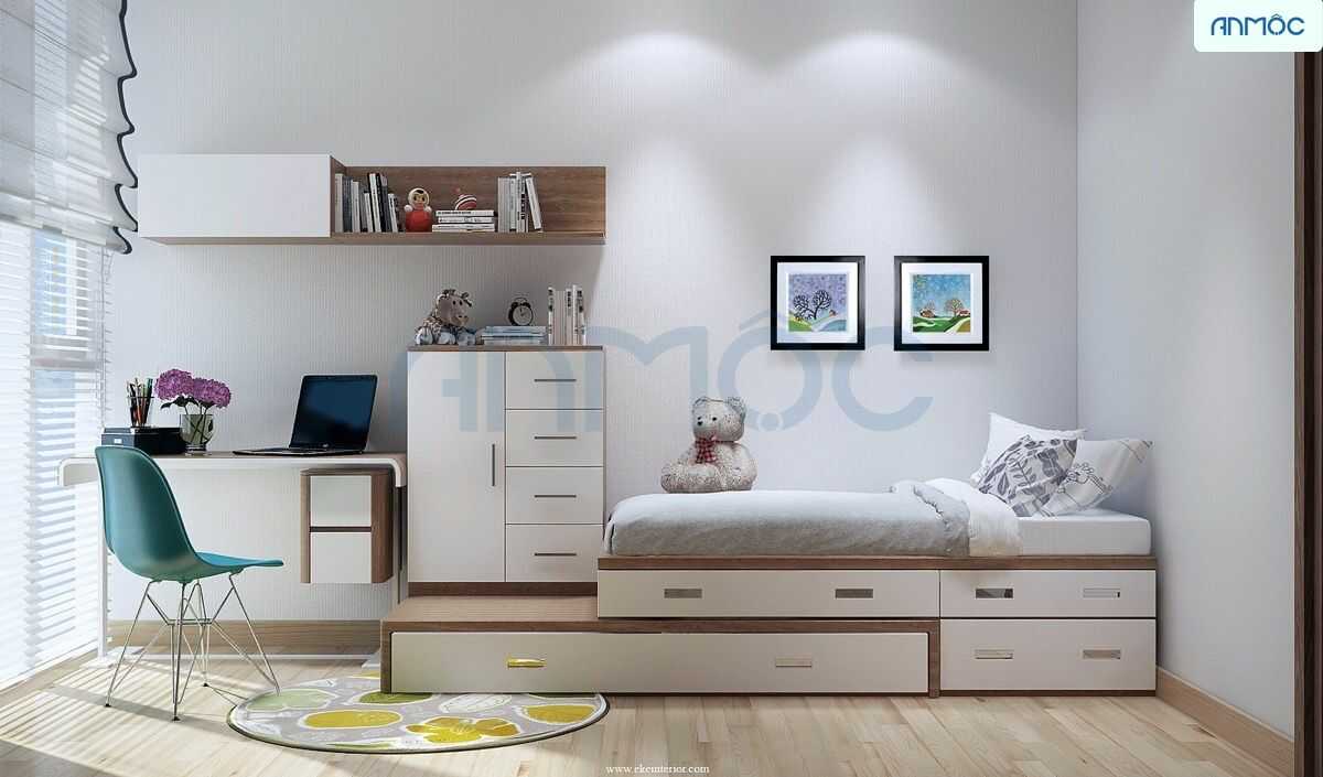 Phòng em bé khá nhỏ và có chiều cao hạn chế nên thiết kế giường bục và những kệ nhỏ rất phù hợp. Phòng em bé khá nhỏ và có chiều cao hạn chế nên thiết kế giường bục và những kệ nhỏ rất phù hợp.