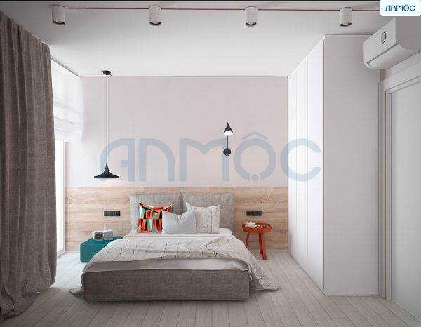 Diện tích 9m2 với thiết kế hiện đại tối giản, giường bọc nệm sang trọng và thư giãn; Tủ quần áo cao sát trần Diện tích 9m2 với thiết kế hiện đại tối giản, giường bọc nệm sang trọng và thư giãn; Tủ quần áo cao sát trần