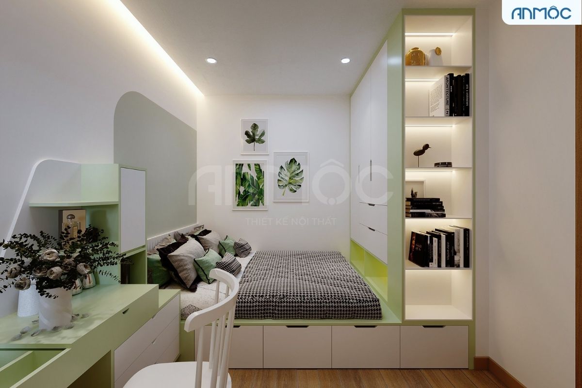 Hệ thống giường bục, bàn làm việc, tủ lưu trữ được liên kết hoàn hảo mang lại một không gian tiện nghi và xinh đẹp