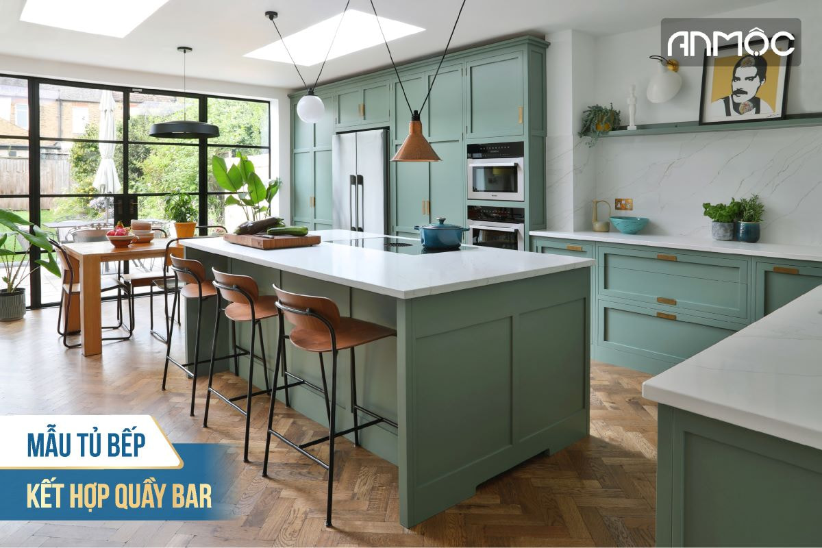 Mẫu tủ bếp kết hợp quầy bar