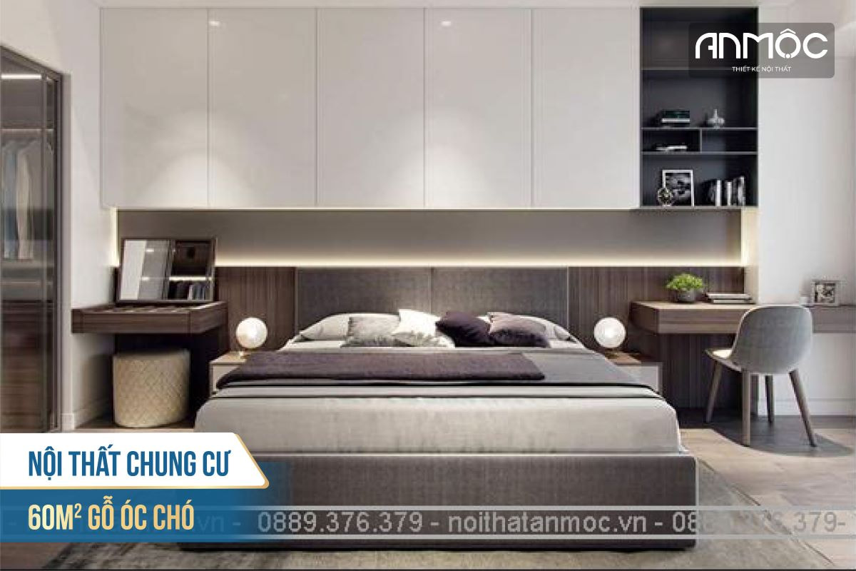 Thiết kế phòng ngủ cho căn hộ chung cư diện tích 60m2. Phòng ngủ được thiết kế thật đơn giản tạo cảm giác rộng rãi hơn