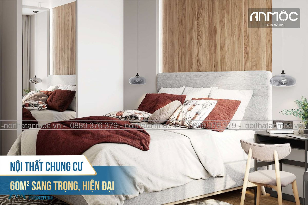 Thiết kế giường ngủ và bức tường hòa lẫn vào nhau tạo sự liên kết ấm áp