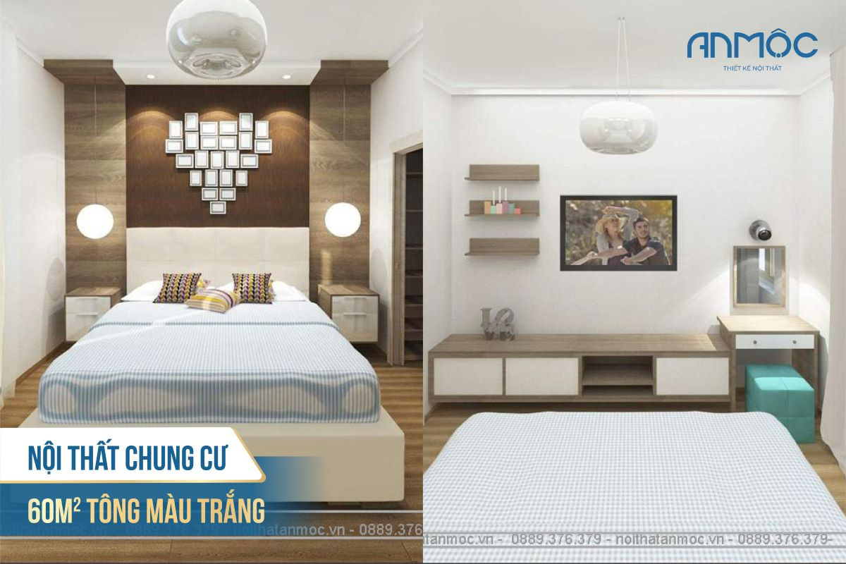 Thiết kế nội thất phòng ngủ master cho căn hộ chung cư 60m2. Diện tích tuy nhỏ nhưng vẫn tạo cảm giác rộng rãi cho căn phòng.