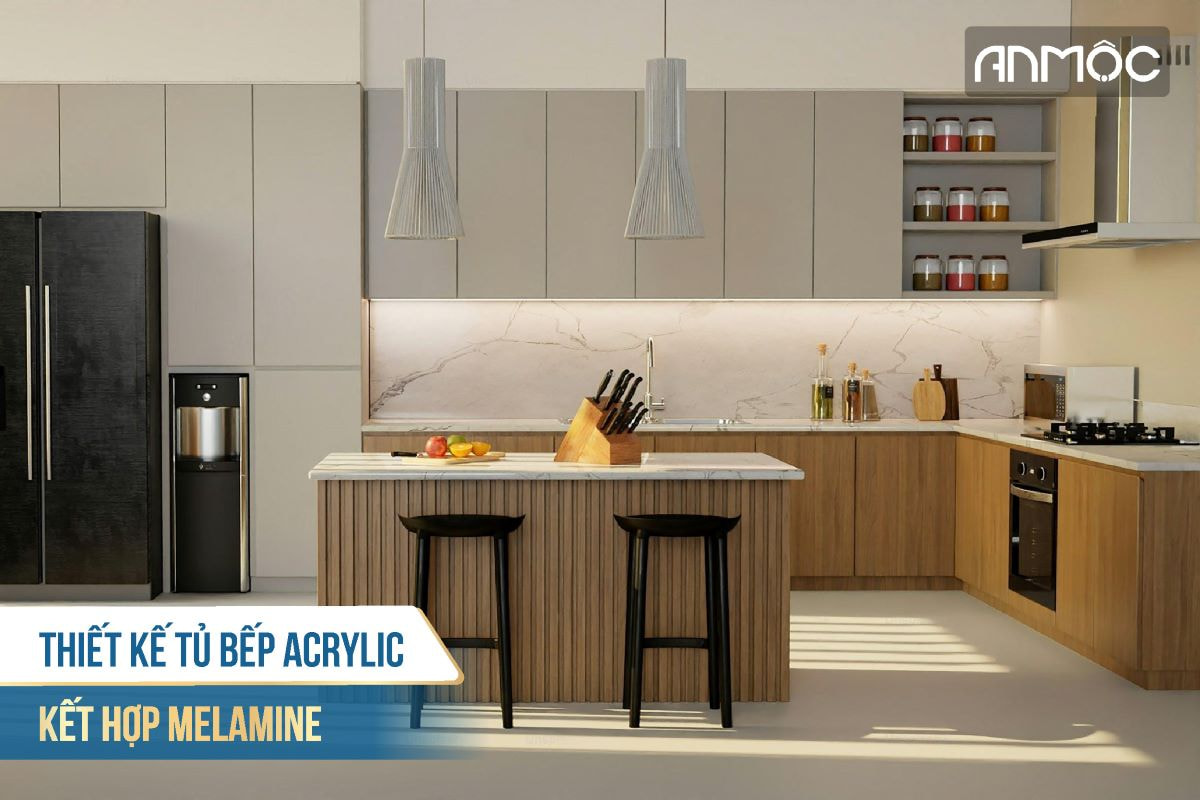 Thiết kế tủ bếp Acrylic kết hợp Melamine