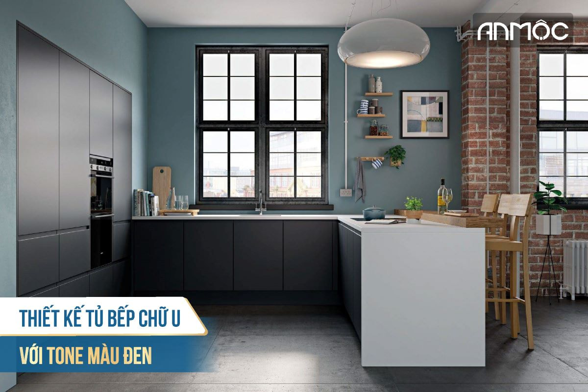 Thiết kế tủ bếp chữ U với tone màu đen