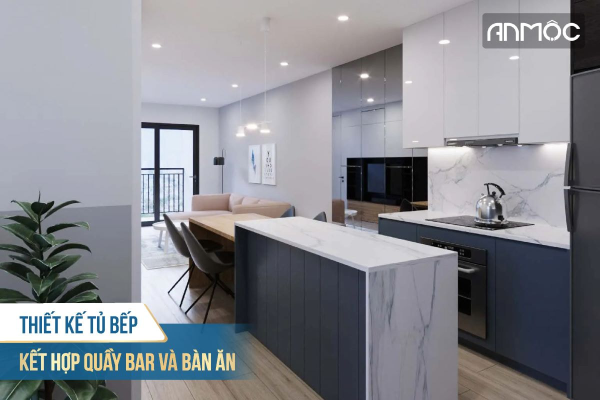 Thiết kế tủ bếp kết hợp quầy bar và bàn ăn