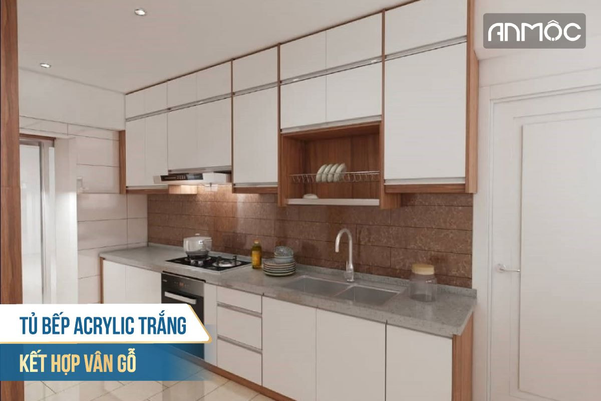 Tủ bếp Acrylic trắng kết hợp vân gỗ