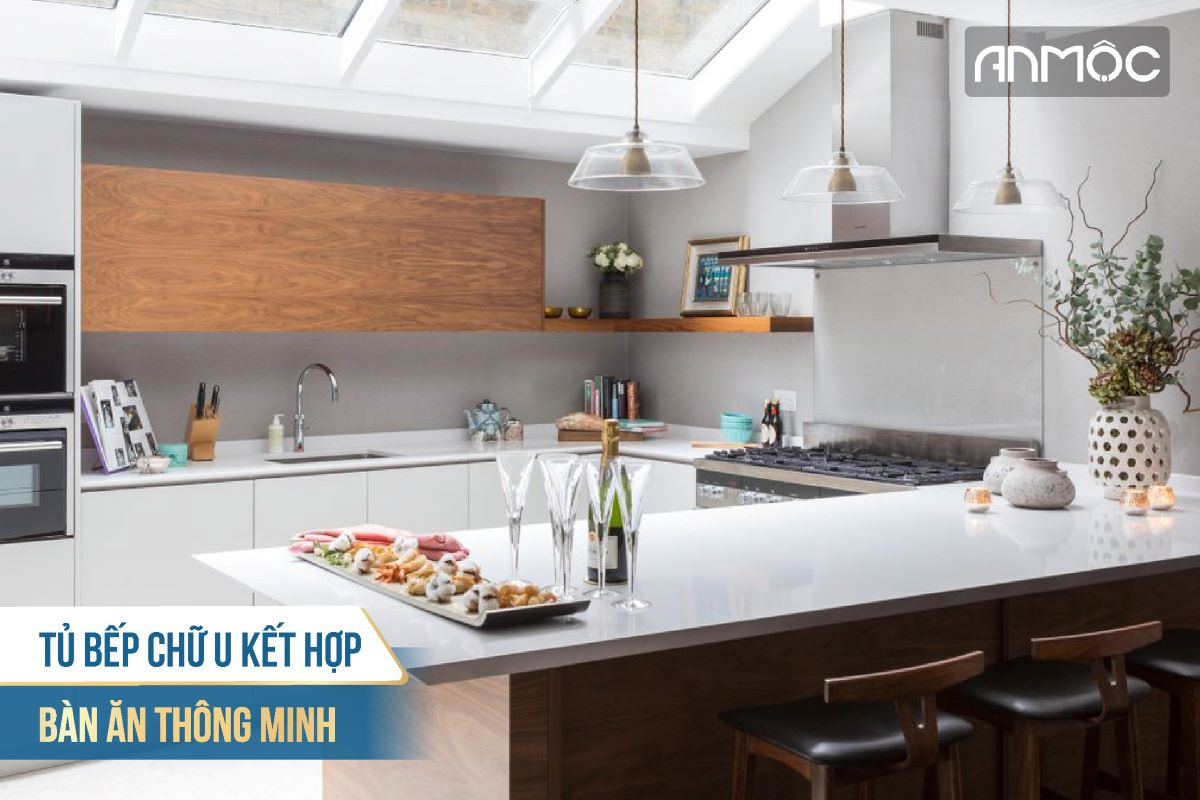 Tủ bếp chữ U kết hợp bàn ăn thông minh