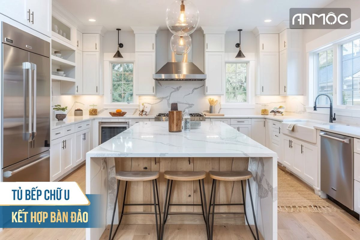 Tủ bếp chữ U kết hợp bàn đảo