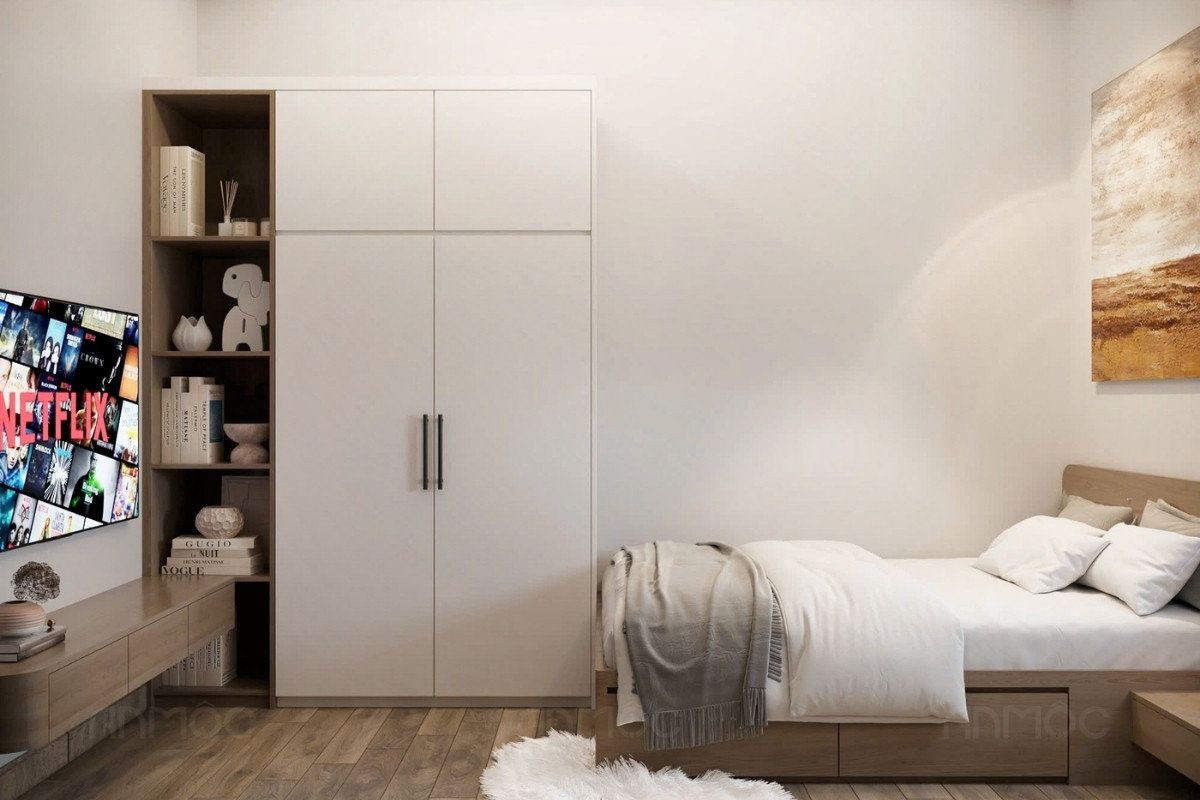 Tủ quần áo MFC đặt trong phòng ngủ, thiết kế thực tế cho nhu cầu sinh hoạt hằng ngày