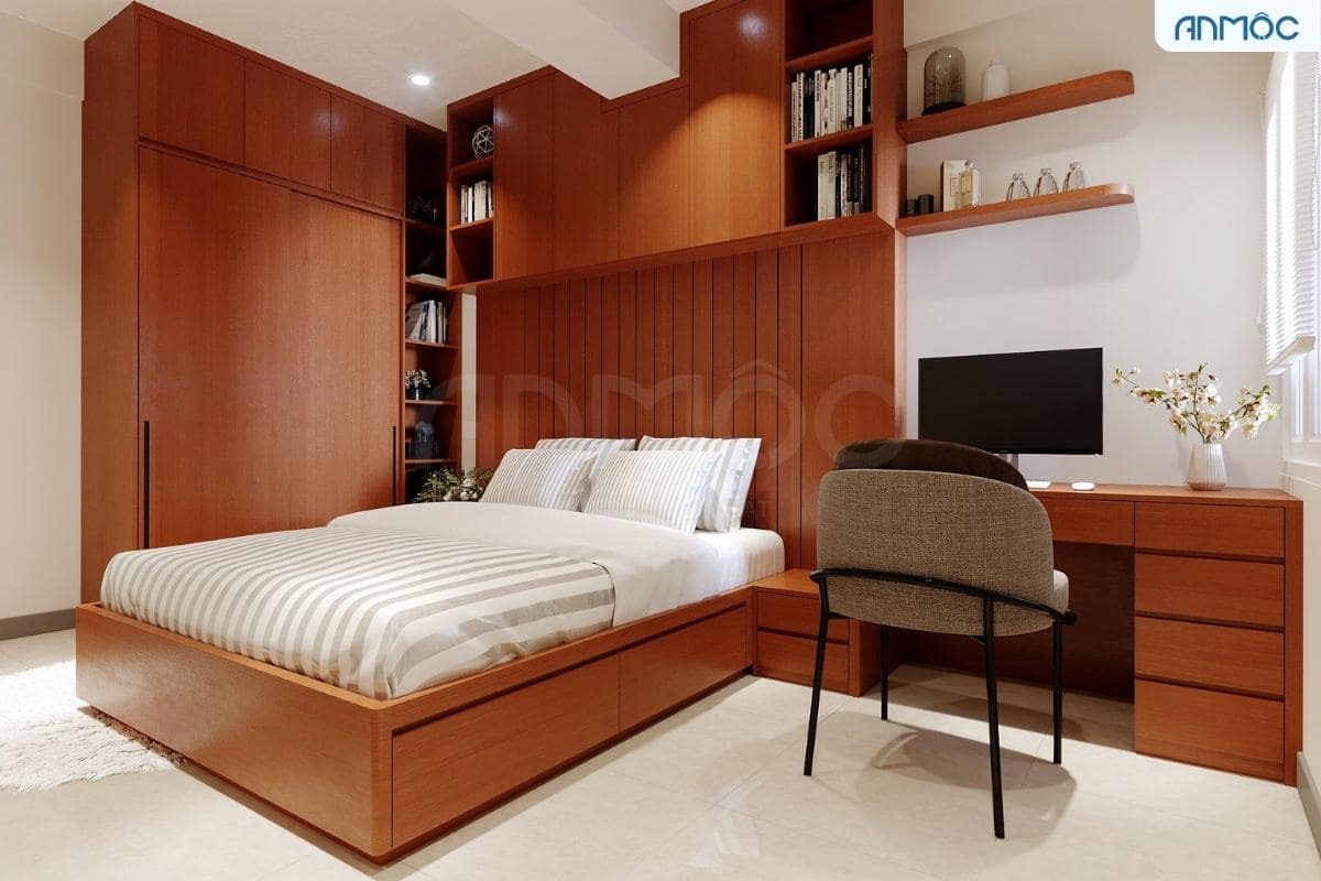 Gỗ tự nhiên là chất liệu được ưa chuộng trong thiết kế nội thất phòng ngủ đối với những ai yêu thích gỗ tự nhiên và diện tích phòng cần phải rộng vì tính thẩm mỹ cao và độ bền chắc