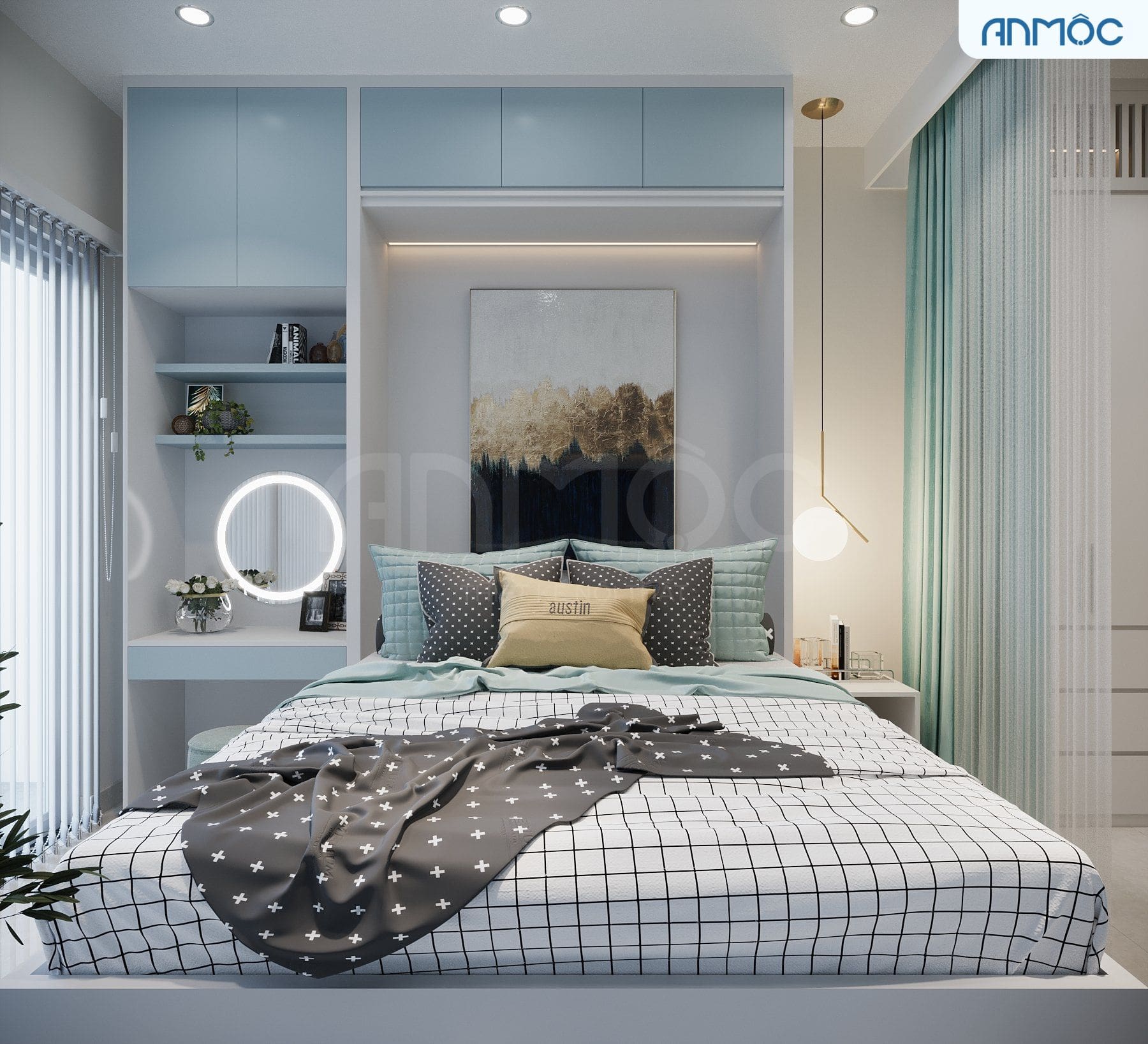 Để tận dụng diện tích tối đa căn phòng 5m2 này đã sử dụng giường Murphy và các nội thất lược giản tối đa. Gam màu sáng cũng khiến cho căn phòng trông thoáng rộng hơn so với diện tích.