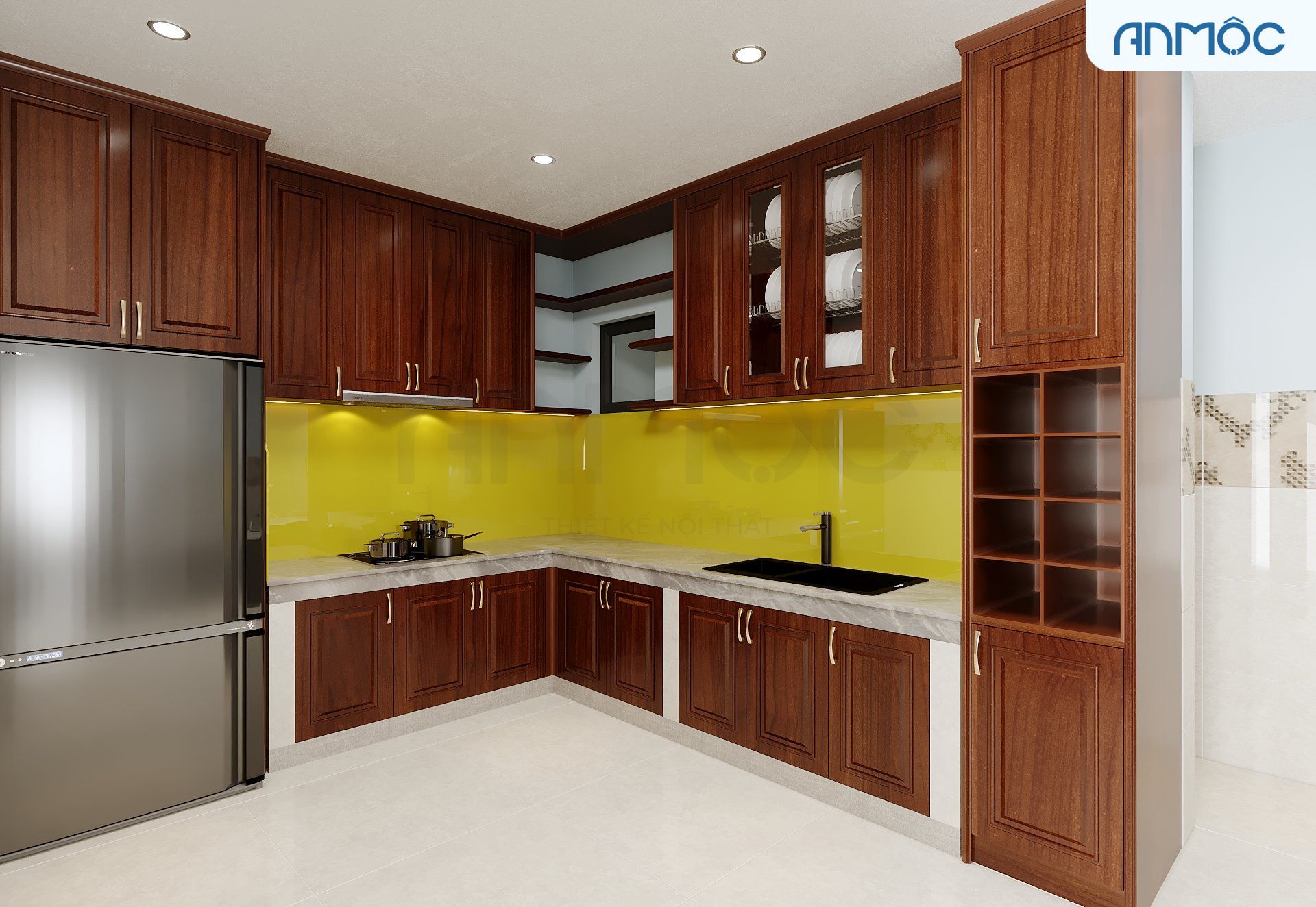 Mặt bếp được phủ đá nhập khẩu cao cấp tạo sự sang trọng và kính cường lực màu vàng ốp tường bếp làm điểm nhấn cho không gia bếp thêm nổi bật.
