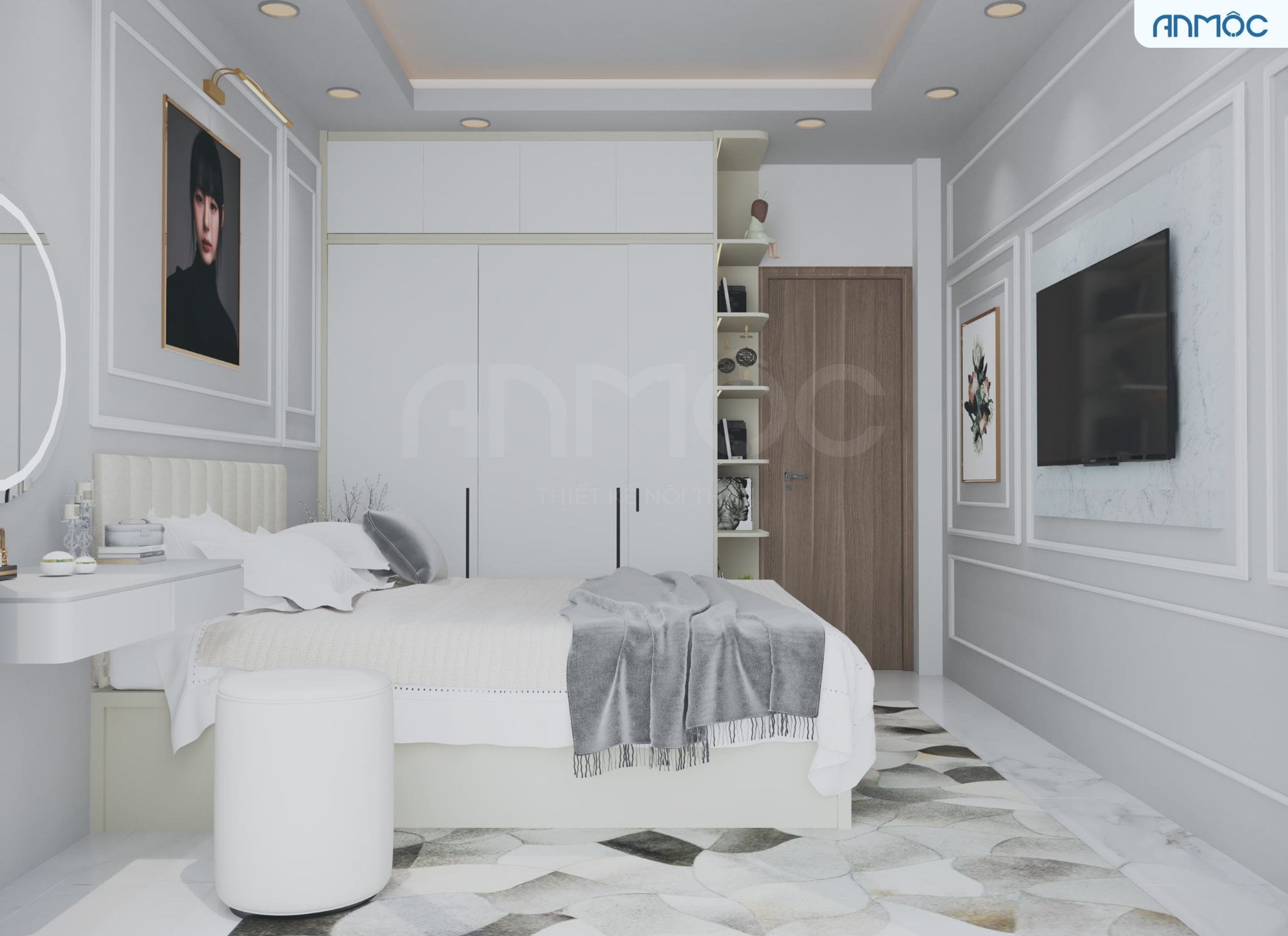 Một chiếc tủ quần áo cao đụng trần được làm từ gỗ MDF phủ Melamine, là nội thất cơ bản trong thiết kế phòng ngủ