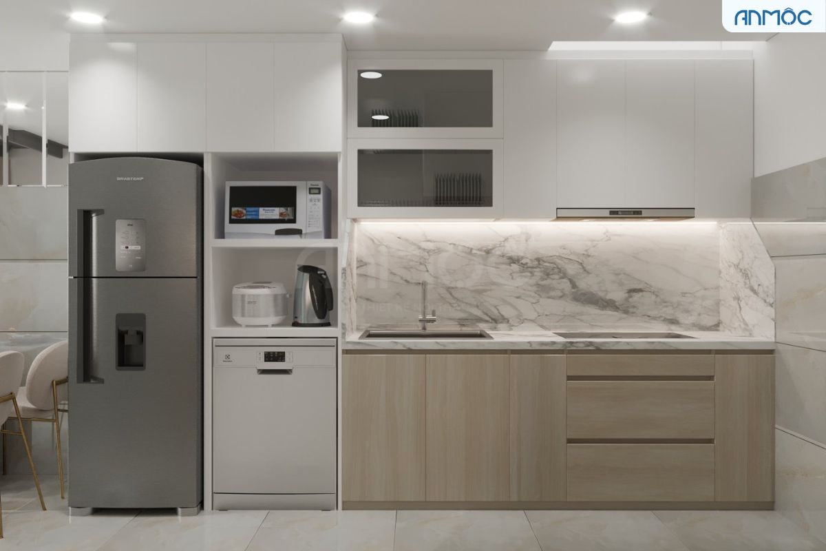 Còn nếu gian bếp nhỏ hơn bạn có thể lựa chọn những đồ dùng nhỏ như lò vi sóng, lavabo cỡ nhỏ để tối ưu không gian