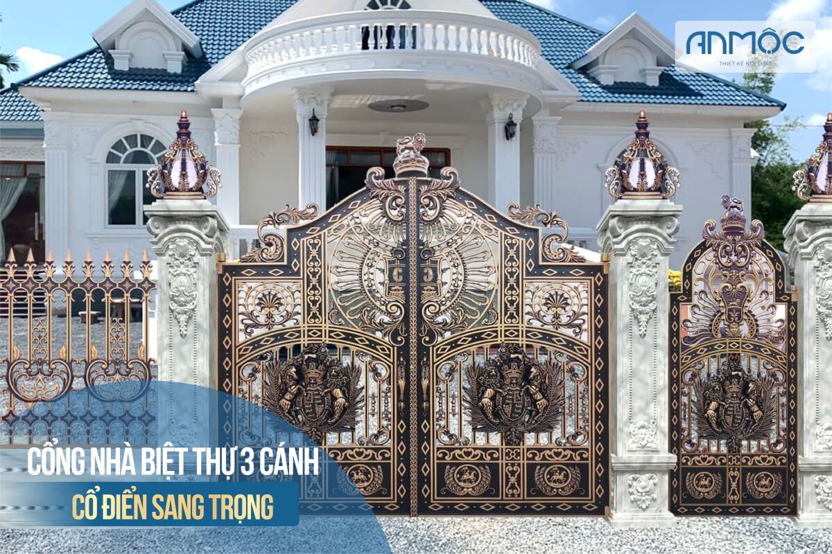 Mẫu 6: Cổng nhà biệt thự 3 cánh kiểu cổ điển sang trọng