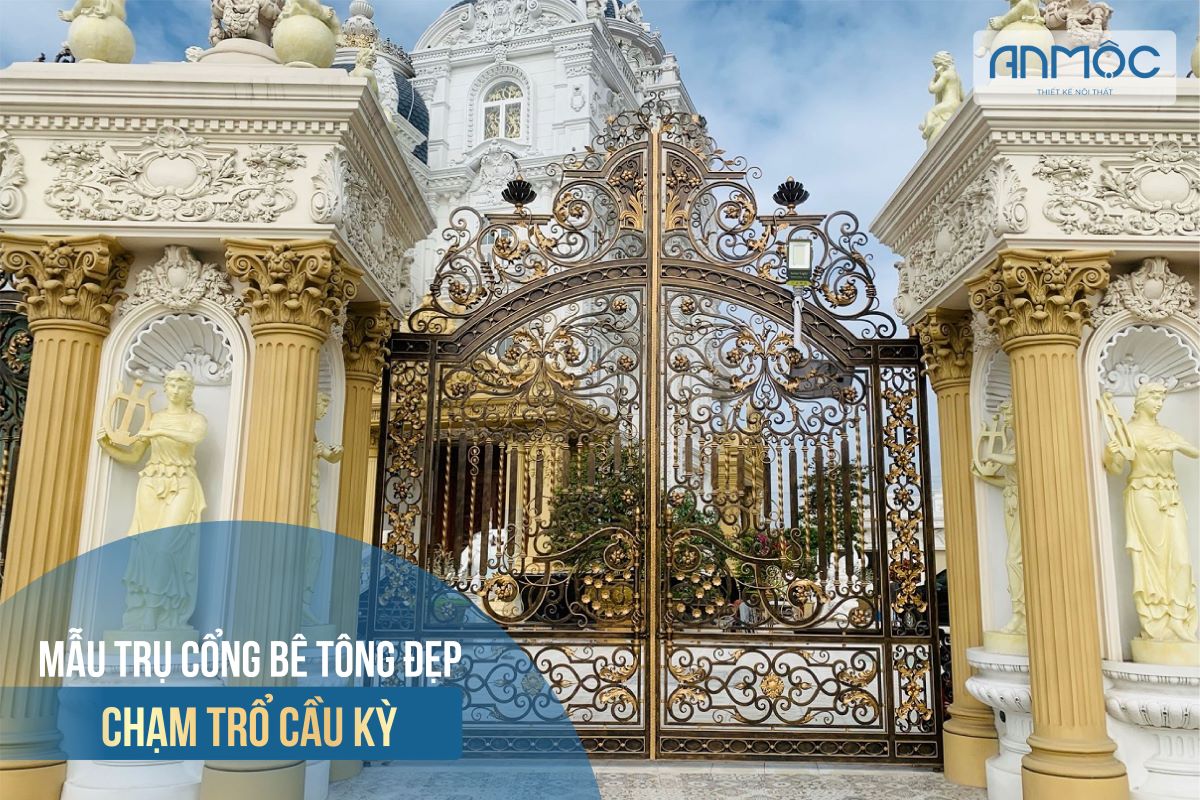 Mẫu 9.1: Trụ cổng bê tông đẹp chạm trổ cầu kỳ