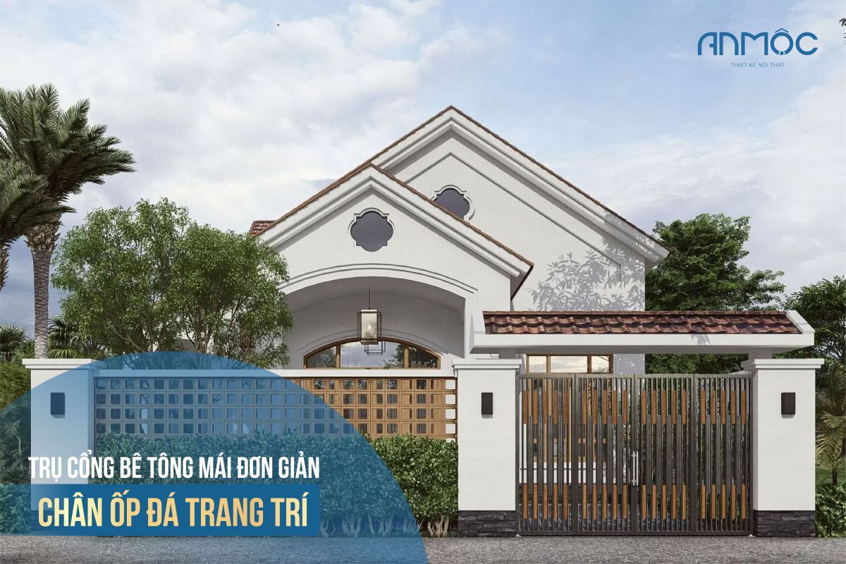 Mẫu 4.2: Trụ cổng bê tông mái đơn giản chân ốp đá trang trí