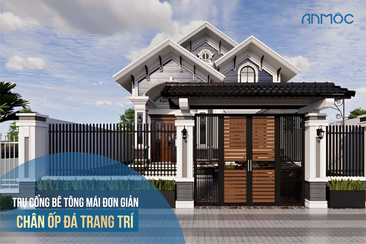 Mẫu 4.1: Trụ cổng bê tông mái đơn giản chân ốp đá trang trí