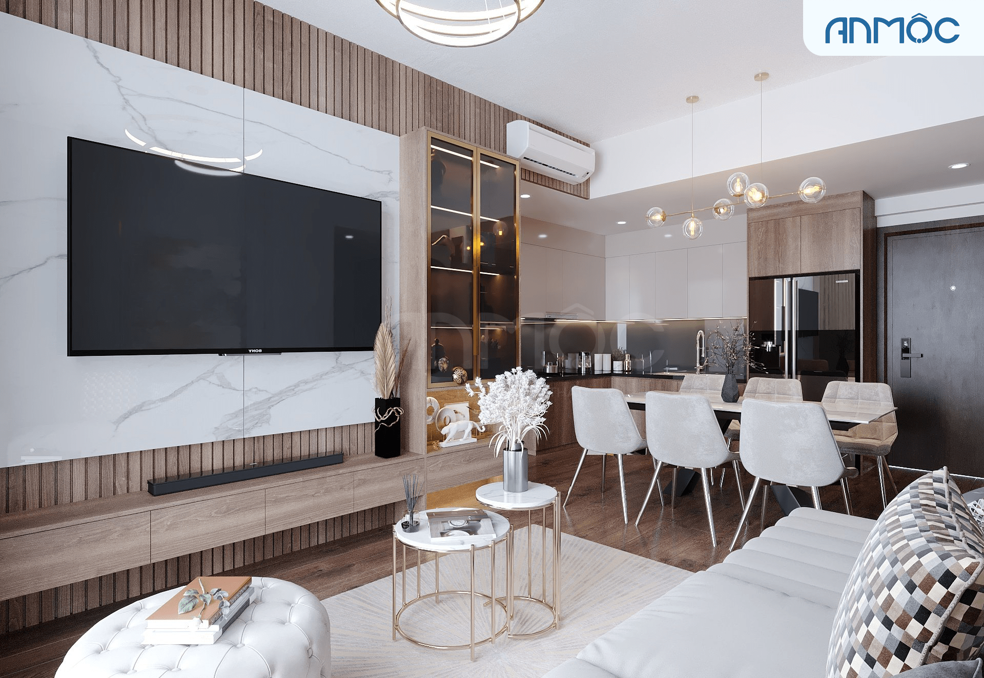 Nội thất phòng khách - bếp - phòng ăn | Thiết kế nội thất căn hộ Mizuki 86m2