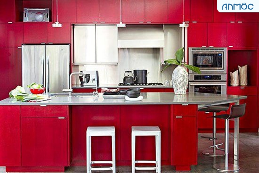 Trang trí nội thất phòng bếp màu đỏ