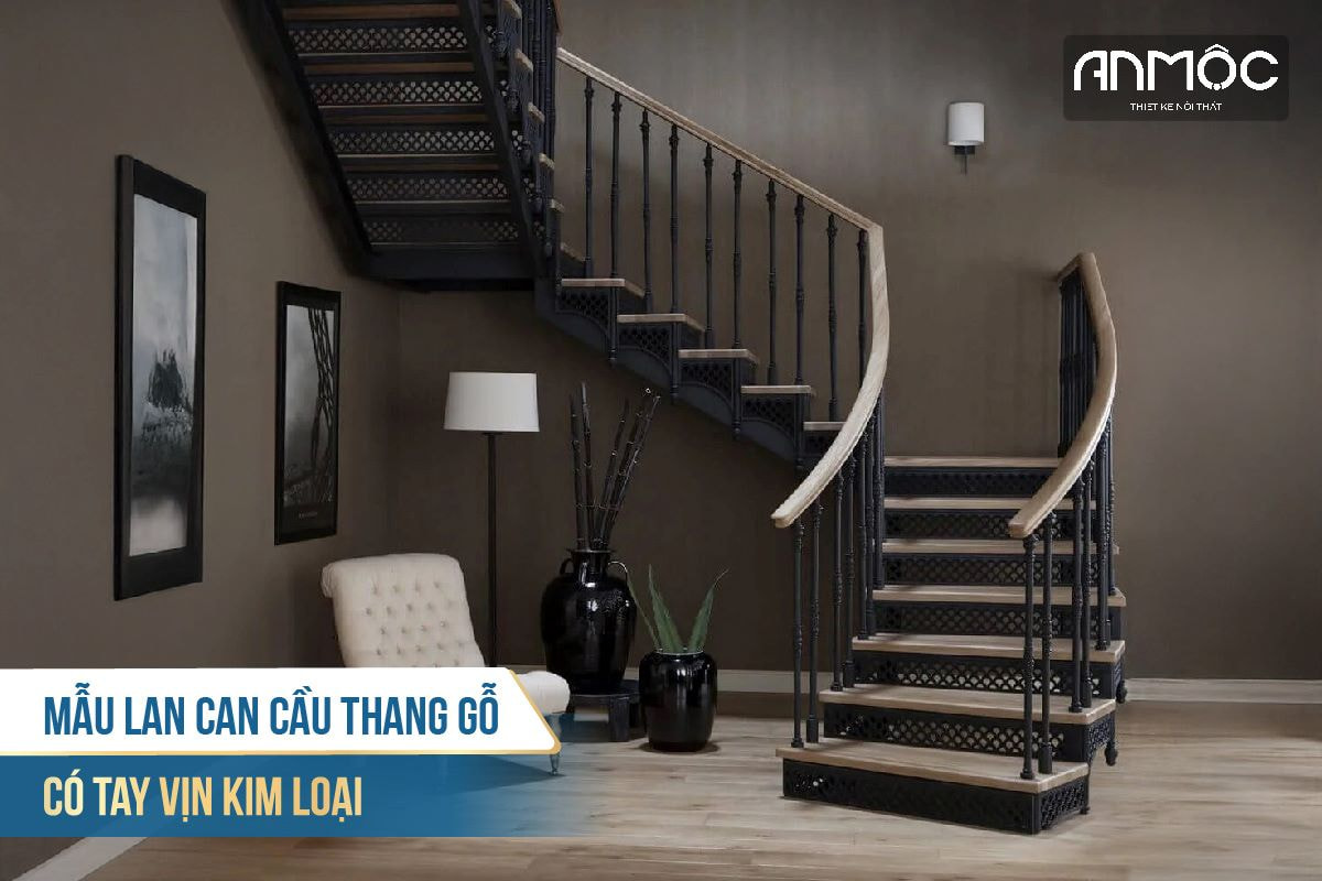 Mẫu lan can cầu thang gỗ có tay vịn kim loại 1