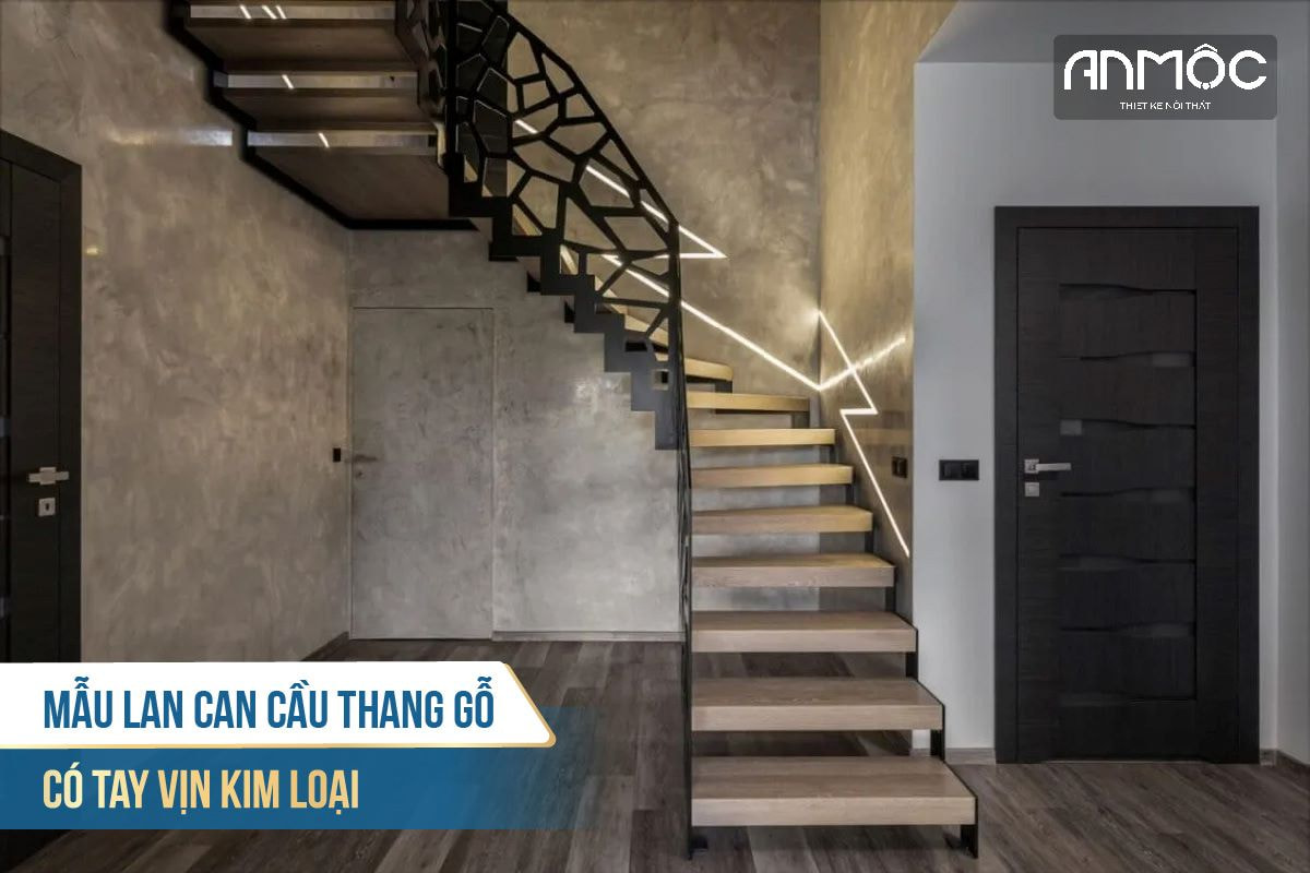 Mẫu lan can cầu thang gỗ có tay vịn kim loại