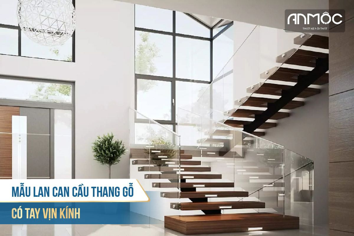 Mẫu lan can cầu thang gỗ có tay vịn kính 1