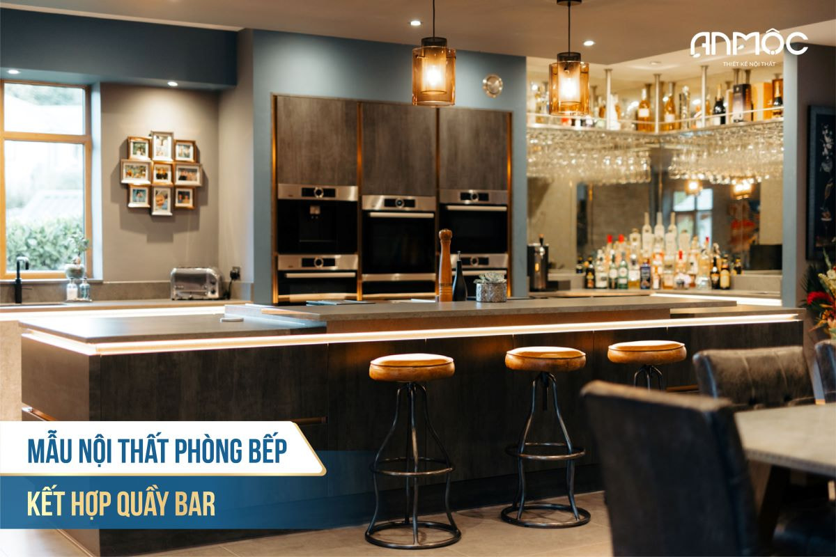 Mẫu nội thất phòng bếp kết hợp quầy bar