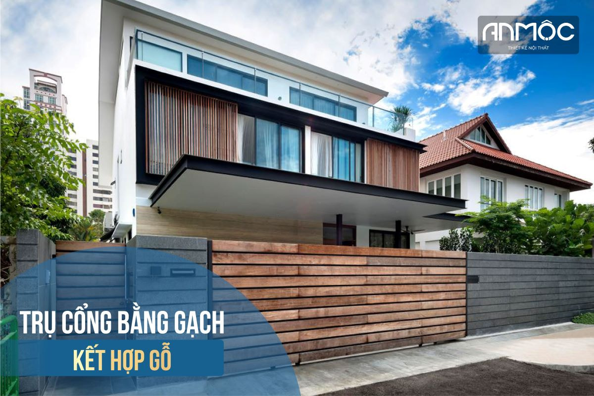 Trụ cổng bằng gạch kết hợp gỗ 1