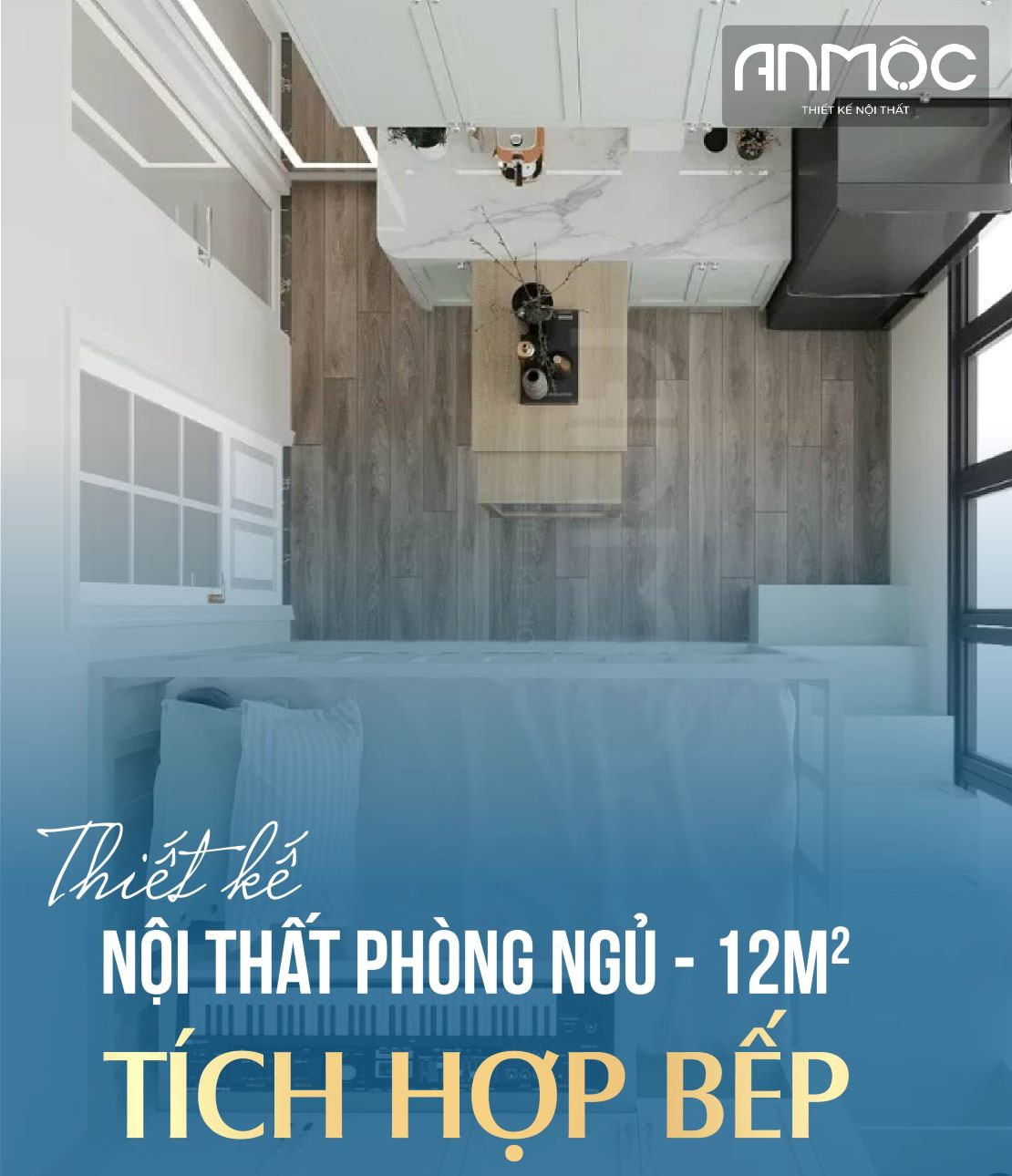 Thiết kế nội thất phòng ngủ 12m2 tích hợp bếp