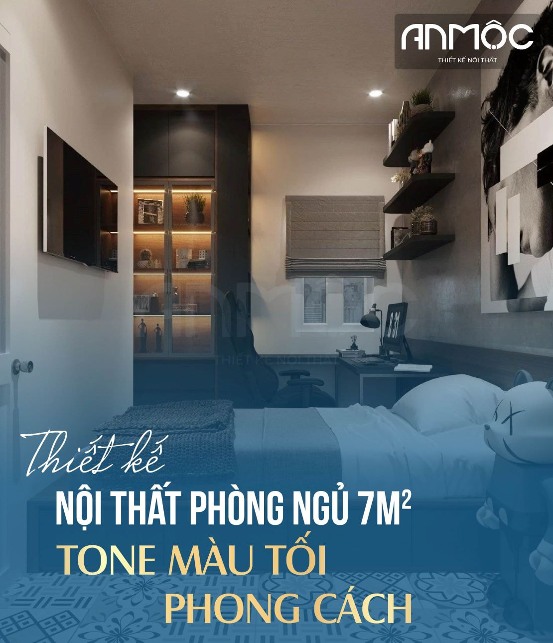 Thiết kế nội thất phòng ngủ 7m2 tone màu tối phong cách