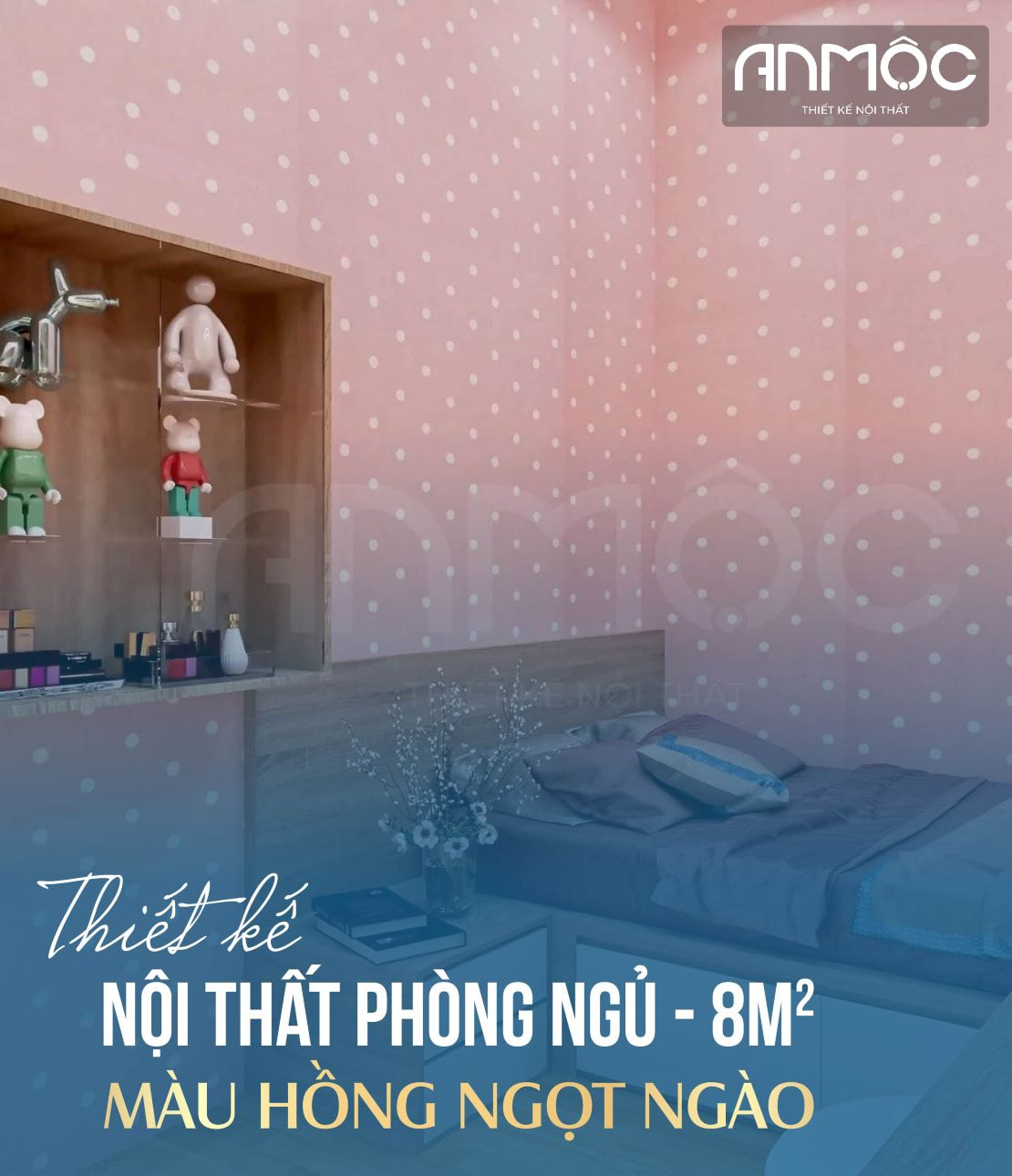 Thiết kế nội thất phòng ngủ 8m2 màu hồng ngọt ngào