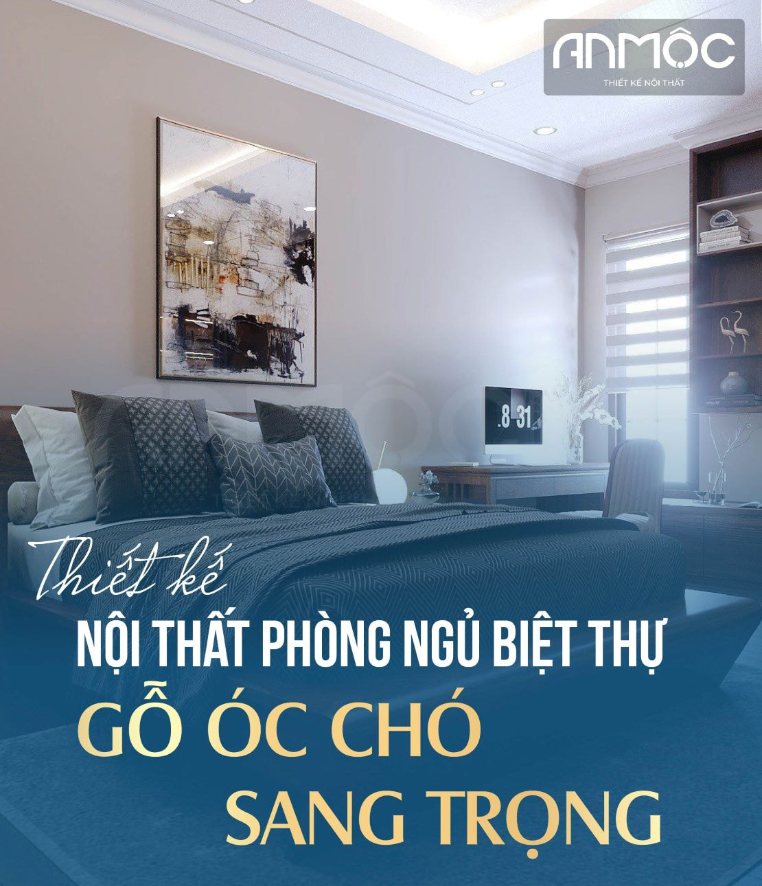 Thiết kế nội thất phòng ngủ biệt thự gỗ óc chó sang trọng