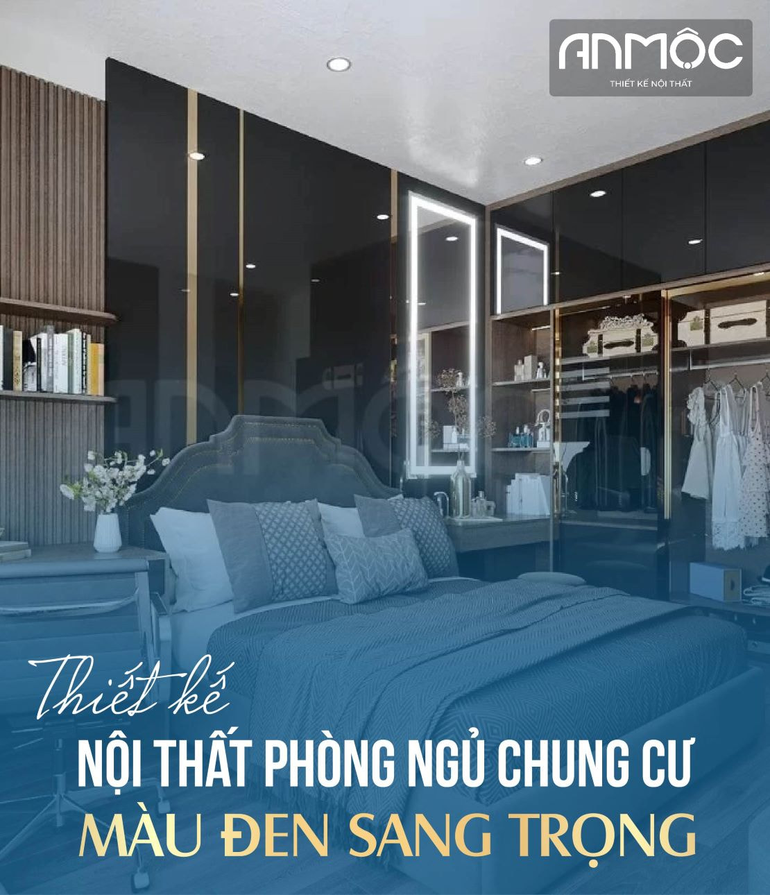 Thiết kế nội thất phòng ngủ chung cư màu đen sang trọng