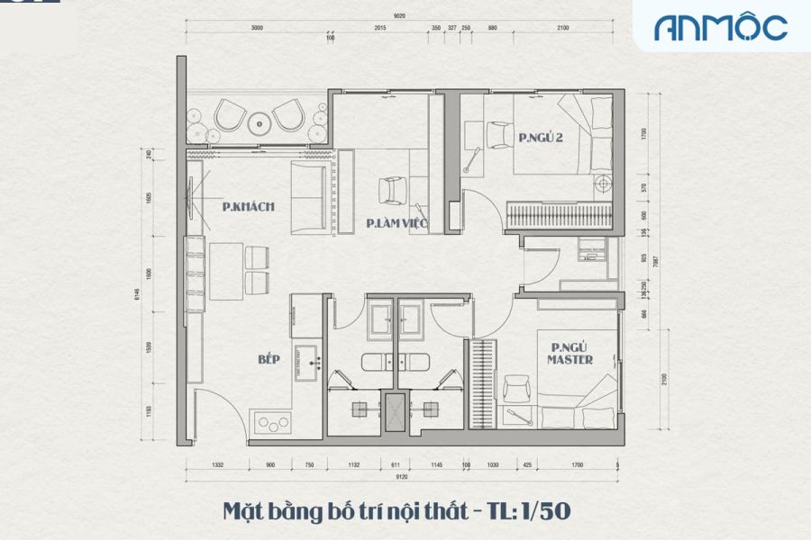 Mặt bằng bố trí nội thất chung cư Vinhomes Grand Park 56m2 (Tỉ lệ: 1/50)